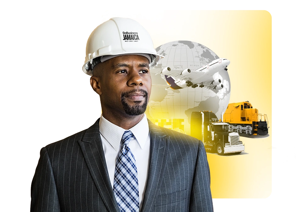 Jamaican business professional with global transport and logistics imagery