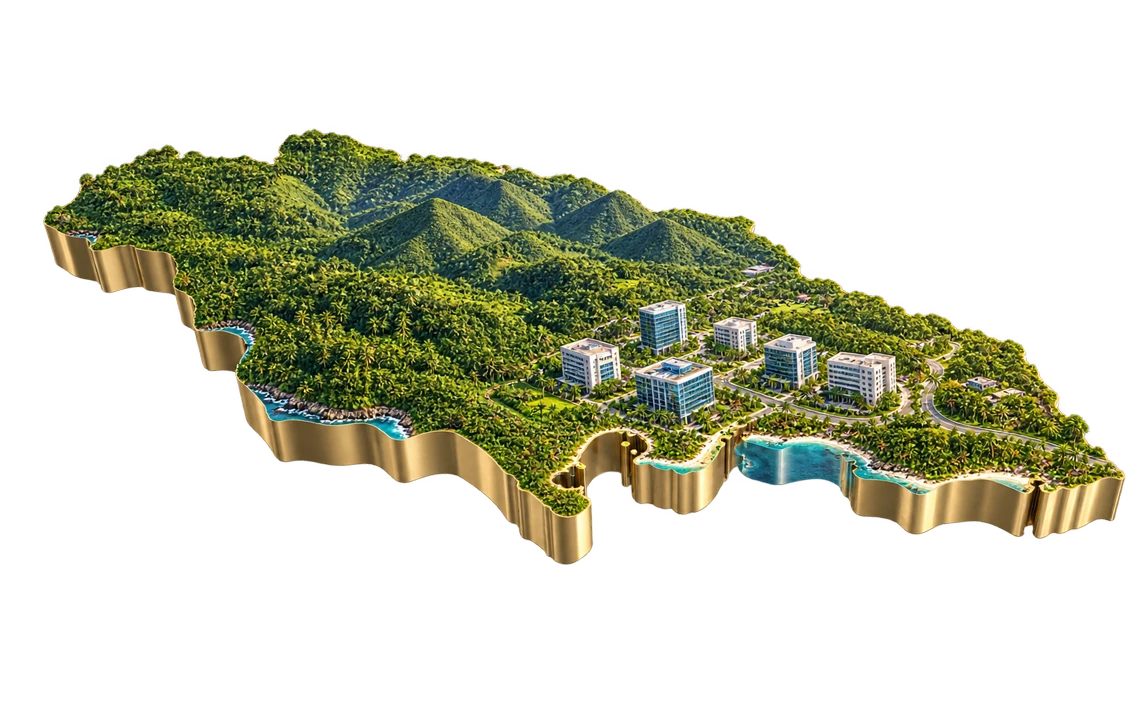 Illustrated Jamaican island with mountains, coast and business buildings